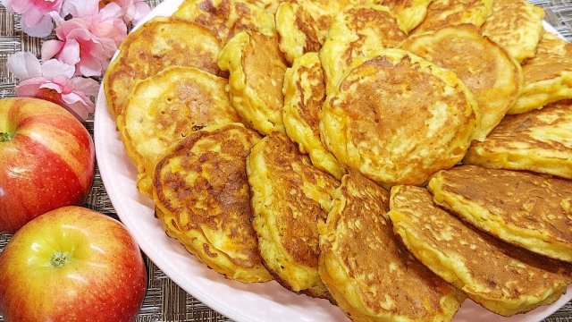 Ароматные оладьи из Тыквы на кефире готовлю на Завтрак к чаю. Пышные тыквенные оладушки с яблоками