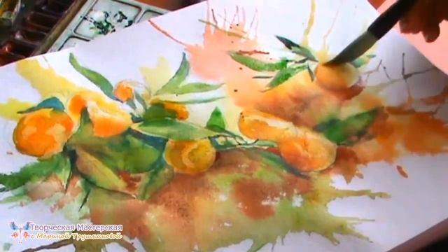 Мандарины акварелью с использованием кляксографии