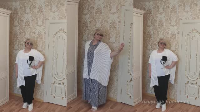 Объёмный белый жилет из прямоугольника. Вяжем спицами легко.