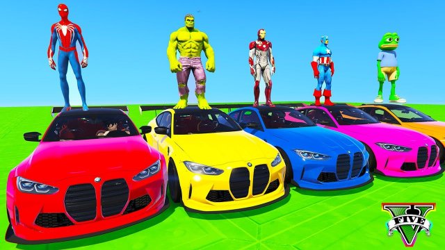 SPIDERMAN CARS Racing Mega  LAKE Ramp Challenge ! SUPERHEROES HULK Epic BMW Stunts Race GOKU - GTA 5